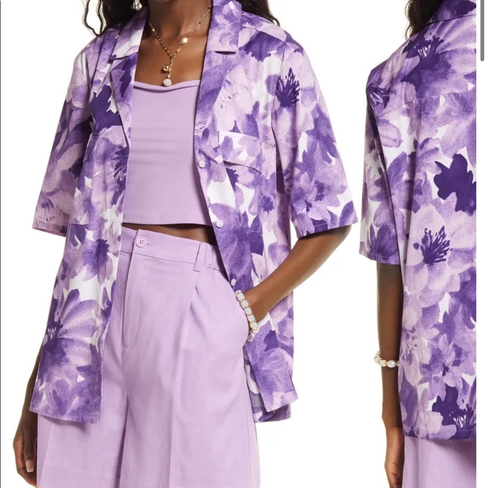 🚨SOLD🚨 OPEN EDIT Cotton Poplin Printed Camp Shirt in Purple Moss: Sz XS
